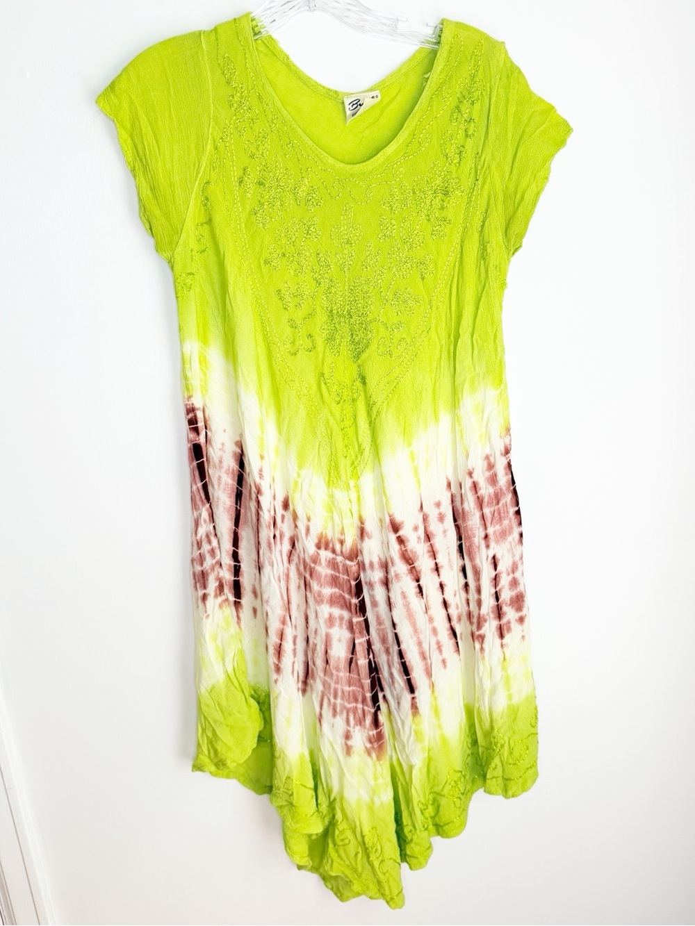 Lime Green Tie-Dye Short Sleeve Free Flowing Dress with Embroidered Front